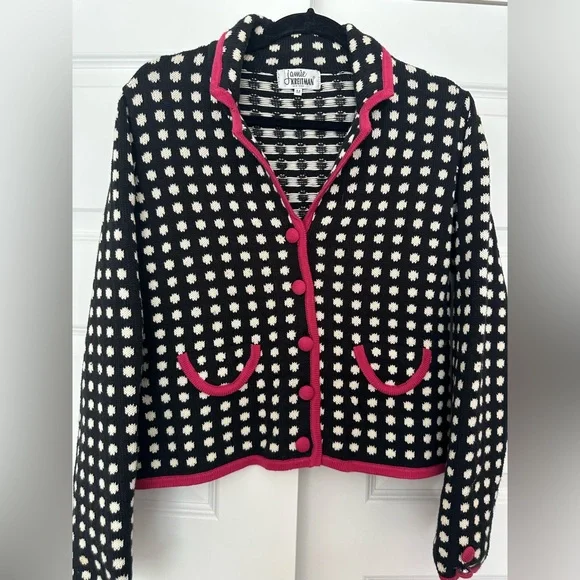 vintage y2k 2000s girly navy blue and cream polka dot cardigan sweater size M - Picture 1 of 5